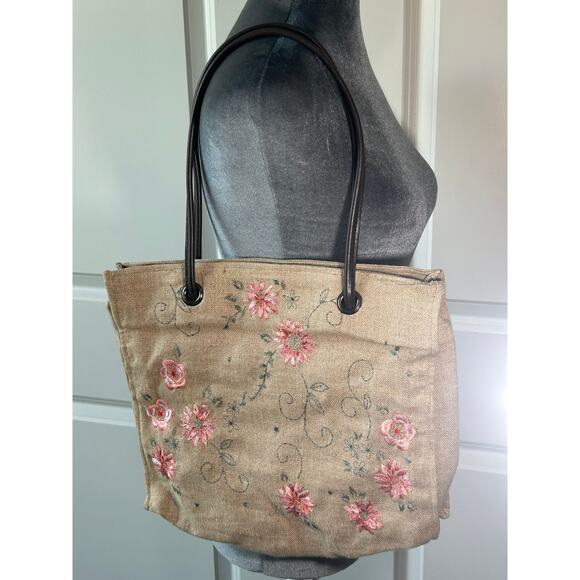 90s- Linen- Pink Floral Embroidery- Beachy zips- Shoulder Tote- small stain - Picture 3 of 6